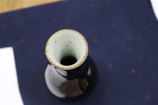 A 19th century Chinese black glazed bottle vase, wood stand